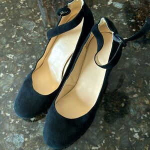 Black suede block heel pumps with ankle strap